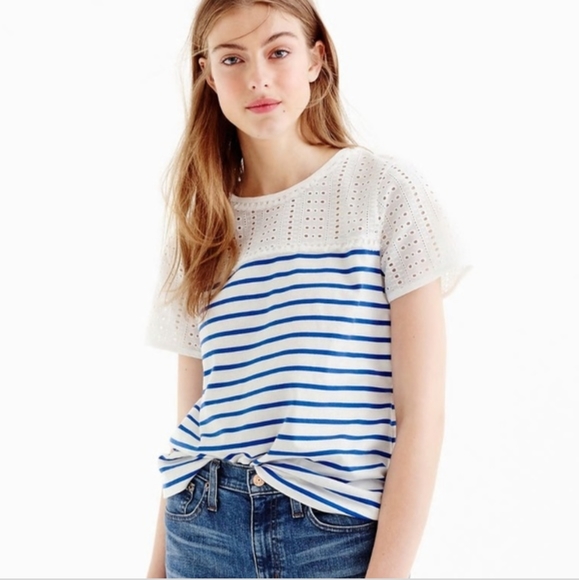 J. Crew Tops - J.CREW Eyelet Lace Blue White Striped Top Shirt